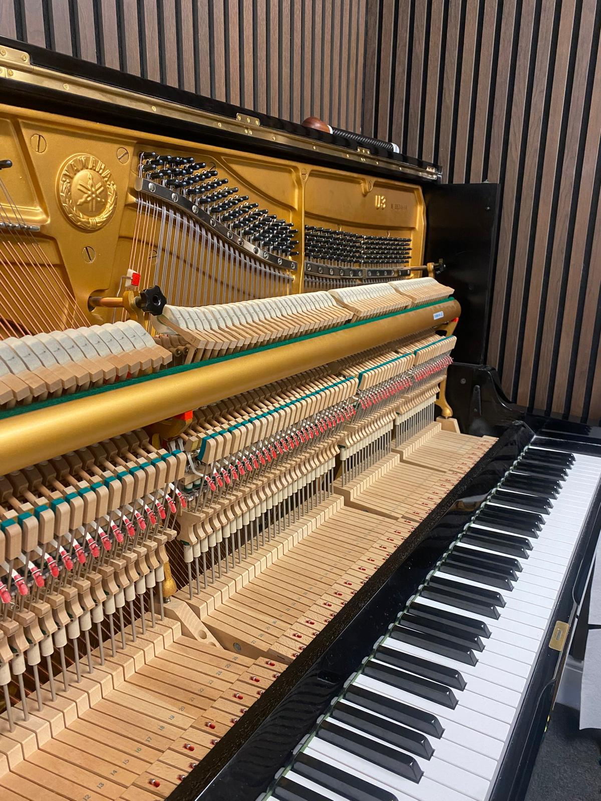 The interior of an upright piano: strings, hammers and golden plate